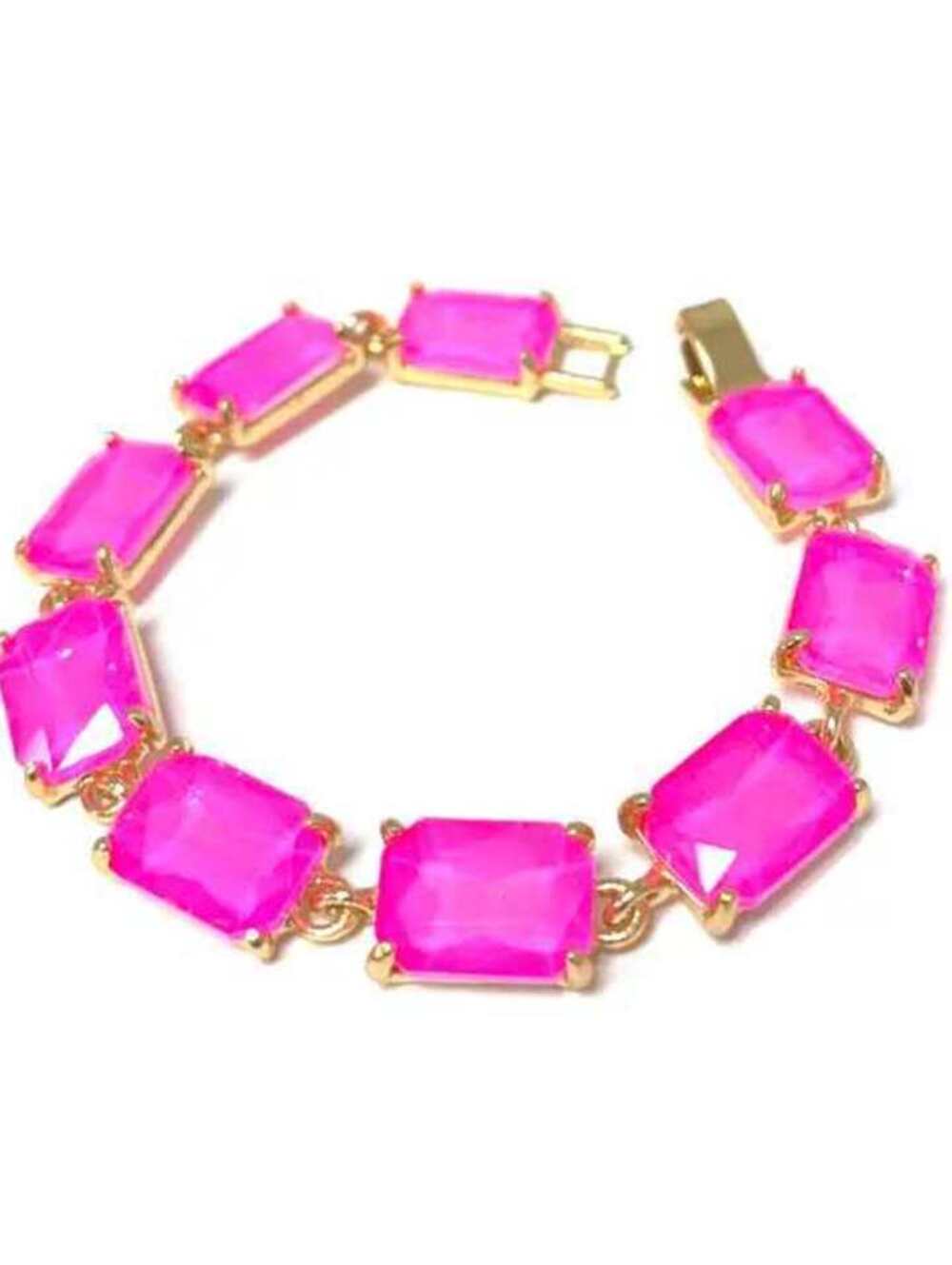 Emerald Cut Glass Crystal Linked Statement Gold Bracelet Neon Fuchsia Pink